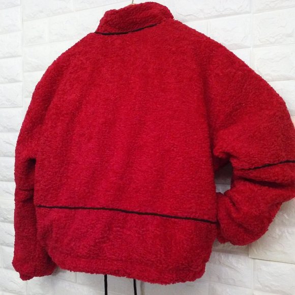 Y2K Cropped Bomber Jacket Pockets Faux-Fur Red - Picture 12 of 13